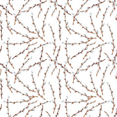 Watercolor pussy-willow seamless pattern. Spring branches. Easter decorations
