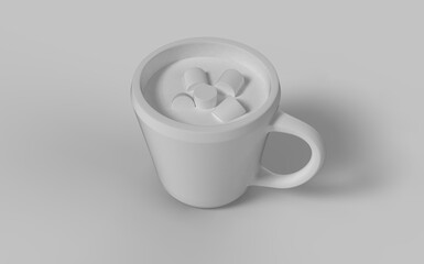 White colour isolated 3d illustration of cup with hot drink coffee tea or cocoa with sweet marshmallows cut out use ready front camera view