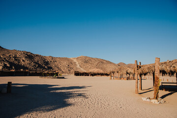 Bedouin village in the desert in Egypt. Village for tourists in Egypt. Holiday in Africa