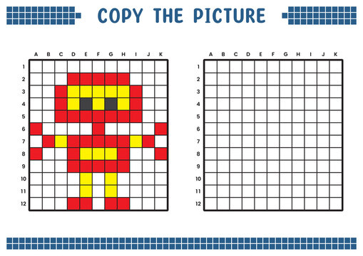 Copy the picture, complete the grid image. Educational worksheets drawing with squares, coloring cell areas. Children's preschool activities. Cartoon vector, pixel art. Iron robot illustration.