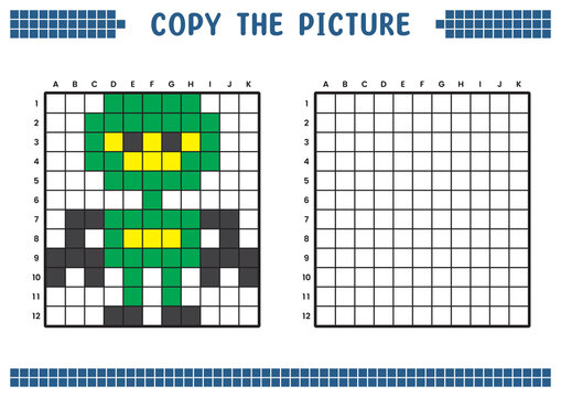 Copy the picture, complete the grid image. Educational worksheets drawing with squares, coloring cell areas. Children's preschool activities. Cartoon vector, pixel art. Ninja robot illustration.
