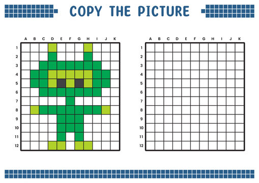Copy the picture, complete the grid image. Educational worksheets drawing with squares, coloring cell areas. Children's preschool activities. Cartoon vector, pixel art. Alien robot doll illustration.