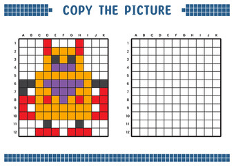 Copy the picture, complete the grid image. Educational worksheets drawing with squares, coloring cell areas. Children's preschool activities. Cartoon vector, pixel art. Robot character illustration.
