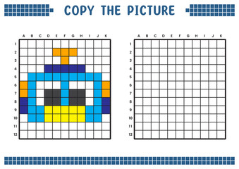 Copy the picture, complete the grid image. Educational worksheets drawing with squares, coloring cell areas. Children's preschool activities. Cartoon vector, pixel art. Robot head illustration.