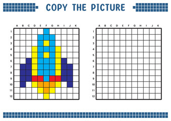 Copy the picture, complete the grid image. Educational worksheets drawing with squares, coloring cell areas. Children's preschool activities. Cartoon vector, pixel art. Space shuttle illustration.