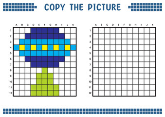 Copy the picture, complete the grid image. Educational worksheets drawing with squares, coloring cell areas. Children's preschool activities. Cartoon vector, pixel art. UFO plane illustration.