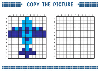 Copy the picture, complete the grid image. Educational worksheets drawing with squares, coloring cell areas. Children's preschool activities. Cartoon vector, pixel art. Airplane illustration.