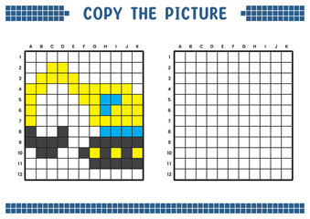Fototapeta premium Copy the picture, complete the grid image. Educational worksheets drawing with squares, coloring cell areas. Children's preschool activities. Cartoon vector, pixel art. Excavator illustration.