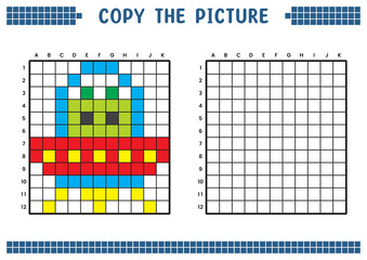 Copy the picture, complete the grid image. Educational worksheets drawing with squares, coloring cell areas. Children's preschool activities. Cartoon vector, pixel art. UFO and alien illustration.