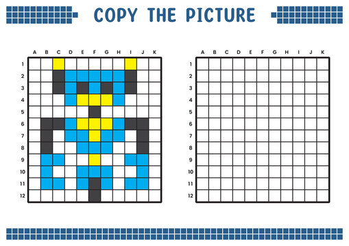 Copy the picture, complete the grid image. Educational worksheets drawing with squares, coloring cell areas. Children's preschool activities. Cartoon vector, pixel art. Futuristic robot illustration.