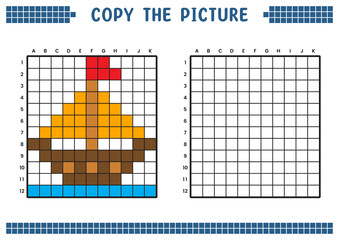 Copy the picture, complete the grid image. Educational worksheets drawing with squares, coloring cell areas. Children's preschool activities. Cartoon vector, pixel art. Pirate ship illustration.