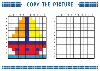 Copy the picture, complete the grid image. Educational worksheets drawing with squares, coloring cell areas. Children's preschool activities. Cartoon vector, pixel art. Sailing ship illustration.