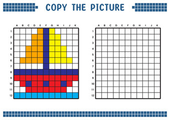 Fototapeta premium Copy the picture, complete the grid image. Educational worksheets drawing with squares, coloring cell areas. Children's preschool activities. Cartoon vector, pixel art. Sailing ship illustration.