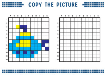 Copy the picture, complete the grid image. Educational worksheets drawing with squares, coloring cell areas. Children's preschool activities. Cartoon vector, pixel art. Submarine illustration.