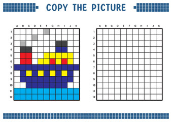 Copy the picture, complete the grid image. Educational worksheets drawing with squares, coloring cell areas. Children's preschool activities. Cartoon vector, pixel art. Cruise ship illustration.