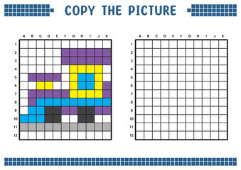 Copy the picture, complete the grid image. Educational worksheets drawing with squares, coloring cell areas. Children's preschool activities. Cartoon vector, pixel art. Train locomotive illustration.