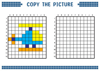 Copy the picture, complete the grid image. Educational worksheets drawing with squares, coloring areas. Children's preschool activities. Cartoon vector, pixel art. Helicopter airplane illustration.
