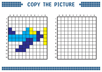 Fototapeta premium Copy the picture, complete the grid image. Educational worksheets drawing with squares, coloring cell areas. Children's preschool activities. Cartoon vector, pixel art. Warplane Illustration.