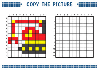 Copy the picture, complete the grid image. Educational worksheets drawing with squares, coloring areas. Children's preschool activities. Cartoon vector, pixel art. Clamshell excavator illustration.