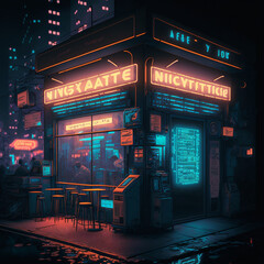 A cyber cafe in a night city with neon