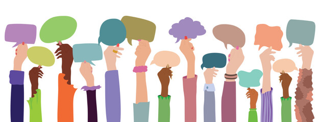 A set of arms and hands holding a speech bubble. Generally speaking, an agreement or affair occurs between a group of colleagues or collaborators.