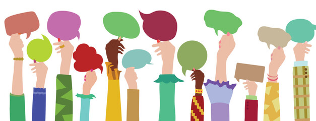 An exchange of information between people based on diversity. Speech bubbles are held in the hands.