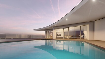 Architecture 3d rendering illustration of modern minimal house with swimming pool
