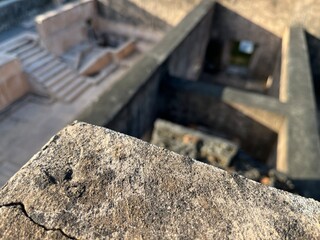 Selective focus of ancient building of kingdom guest house from top view. Located in one of historical and cultural tourism of Yogyakarta, Indonesia.