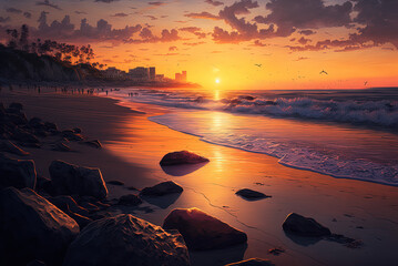 Fototapeta na wymiar Beach. Ocean. Wave. Sunset. Landscape. Generative AI.