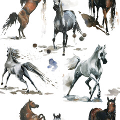 Hand drawn. Watercolor  illustration. Cute cartoon. Seamless pattern. Horses white and dark brown. Mustang wild Arabian.  White background. Pastel color. For cloth, linen and other texture.
