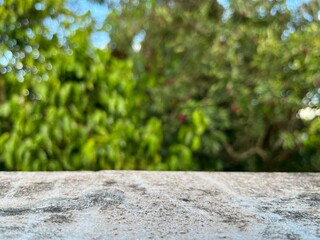 Selective focus of concrete wall platform with blur tree background.