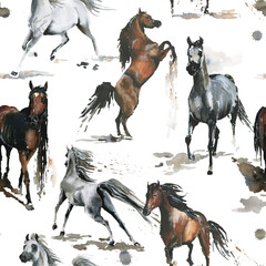 Hand drawn. Watercolor  illustration. Cute cartoon. Seamless pattern. Horses white and dark brown. Mustang wild Arabian.  White background. Pastel color. For home design. Other texture.