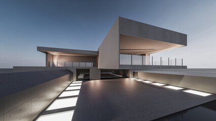 Fototapeta premium Architecture 3d rendering illustration of modern minimal house with natural landscape