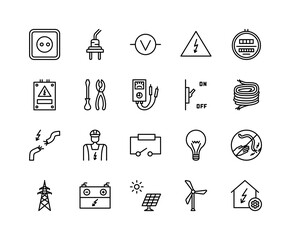 Electrician flat line icons set. Contains such Icons as power socket, torn wire, energy meter, lamp, electricity services. Simple flat vector illustration for web site or mobile app.