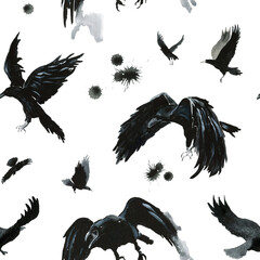 Hand drawn. Watercolor  illustration. Cute cartoon. Seamless pattern. Black crow. White background. Pastel color. For cloth, linen and other texture.