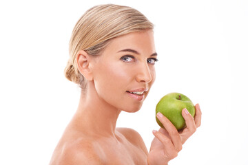 Apple, healthcare and face portrait of woman with fruit product to lose weight, diet or body detox for wellness lifestyle. Health model, nutritionist food and vegan girl on white background studio