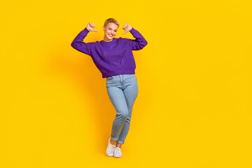 Fototapeta na wymiar Full length photo of satisfied glad person toothy smile indicate thumb fingers self herself isolated on yellow color background