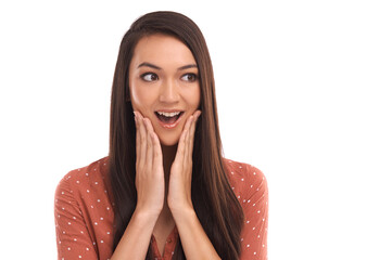Wow face, woman and excited in studio, isolated white background and crazy announcement. Young model surprised for gossip, secret news and emoji for wtf notification, curious announcement and shocked