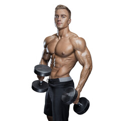 Fit and Strong Male Bodybuilder. Handsome athletic guy workout with dumbbells. PNG Transparent...