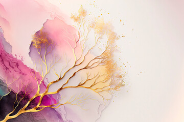 Abstract floral elements, design for prints, postcards or wallpaper with golden elements. AI
