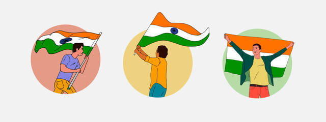 Vector illustration of young Indian men holding Indian national flag in hand over white background