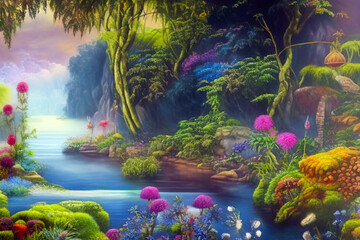 Beautiful fantasy misty jungle river with flowers, mossy boulders and trees growing on the bank. Generative AI art painting style illustration.
