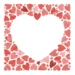 Square greeting card template with heart hole inside, hand drawn illustration with red hearts