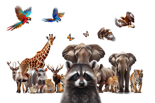 Collection of wild animals, elephant, tiger, deer, rabbit, parrot, eagle, hippo, giraffe, rhino on white background.