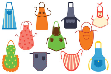 Kitchen apron set icons concept without people scene in the flat cartoon design. Images of different kitchen aprons for cooking. Vector illustration.