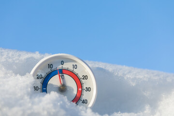 Outdoor thermometer in snow shows sub-zero temperature winter weather concept