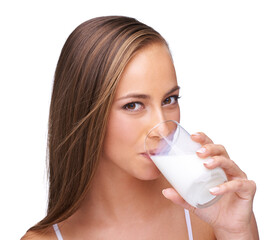 Milk drink, glass and portrait of woman with white background, isolated studio and healthy diet. Face of female model, dairy product and organic breakfast for protein, calcium or vitamins of wellness