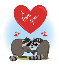 Vector image of animals in love. a Valentine's day card. Illustration of raccoons with hearts.