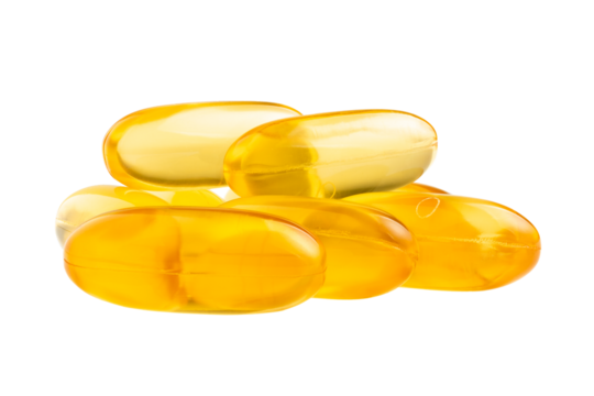 Yellow capsules of omega-3, fatty acid pills, nutritional supplement, isolated on transparent background