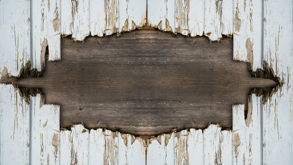 Empty frame made of rustic old damaged aged white wooden boards, background grunge dark wood table...